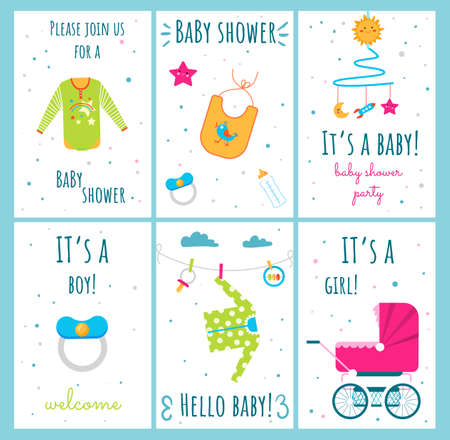 Set of baby shower postcard, surprise children gender male or female, newborn baby born banner flat vector illustration.のイラスト素材