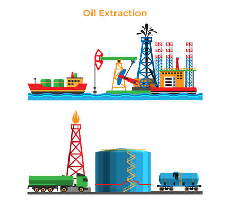 Banner extraction and oil processing, petroleum production service modern energy storage flat vector illustration, isolated on white.のイラスト素材