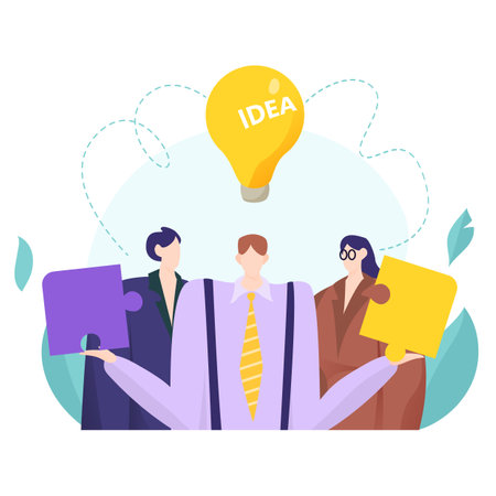 Teamwork businessman hold creative puzzle detail, company work people together decision idea flat vector illustration, isolated on white.のイラスト素材