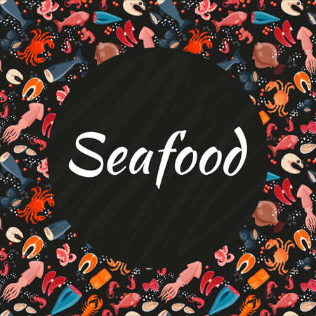 Seafood seamless background pattern, banner sea product foodstuff icon stuff flat vector illustration, advertisement wrapping template.のイラスト素材