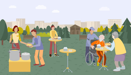Group of people together help elderly human, volunteer care about disabled scene, outdoor relax garden flat vector illustration.のイラスト素材