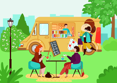 Female friend sitting outdoor green park cafe and eat ice cream delicious dessert, mobile sundae food shop banner flat vector illustration.のイラスト素材