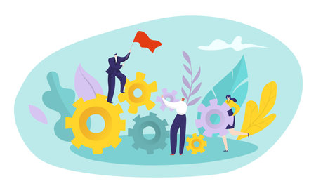 Teamwork businessman leadership tiny character hold red flag, business entrepreneur flat vector illustration, isolated on white.のイラスト素材
