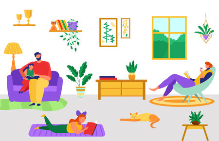 Character father, mother and children kid family read together book, cheerful happy spend time flat vector illustration.のイラスト素材