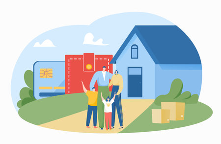 People young lovely family buy new house, character father, mother and children boy, girl flat vector illustration, isolated on white.のイラスト素材