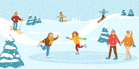 Winter sport ice skating, people together spend time physical activity, frozen pond and snow skiing hill flat vector illustration.のイラスト素材
