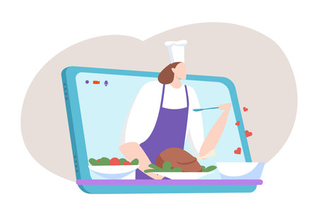 Woman character cooking food, female online internet blogging, technology laptop device flat vector illustration, isolated on white.のイラスト素材