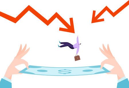 World economic crisis, financial meltdown management, tiny businessman fall dollar banknote flat vector illustration, isolated on white.のイラスト素材