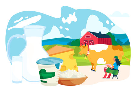 Dairy product curd, milk and cheese advertisement banner, farmer milkmaid livestock cow flat vector illustration, isolated on white.のイラスト素材