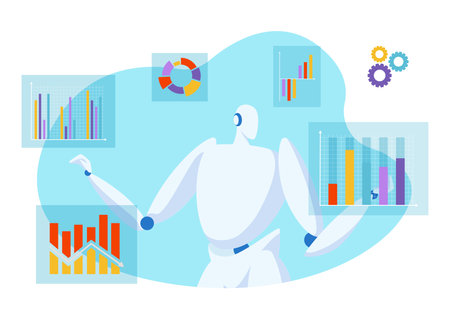 Future technology automatically data analysis, robot android work information diagram flat vector illustration, isolated on white.のイラスト素材