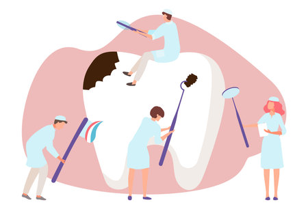 Medical dental care, tiny dentist character group therapeutic people together treatment tooth flat vector illustration, isolated on white.のイラスト素材