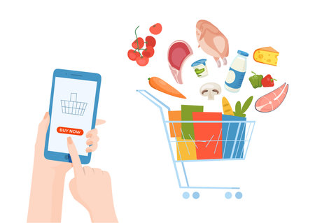People hand hold mobile phone with shopping smartphone application, remote purchase edible food flat vector illustration, isolated on white.のイラスト素材