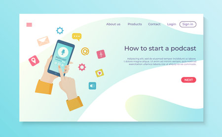Mobile digital audio how to start podcast online website landing template banner, internet radio station flat vector illustration.のイラスト素材