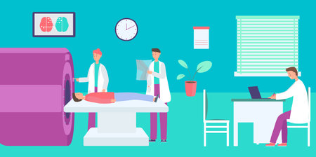 Professional specialist doctor treat patient, sick character lies magnetic resonance, human body research flat vector illustration.のイラスト素材