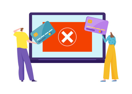 Modern technology problem, online payment error, tiny character hold credit bank card flat vector illustration, isolated on white.のイラスト素材