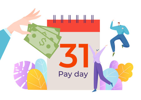 Salary payment day, businessman chief hand hold amount dollar cash, cheerful tiny worker character flat vector illustration, isolated on white.のイラスト素材