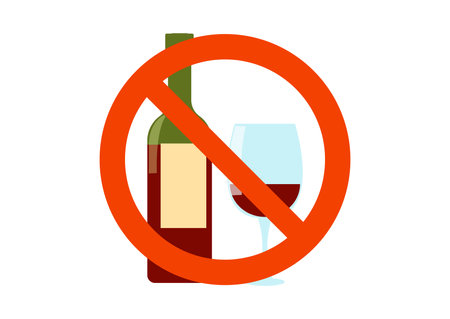 Prohibition stop alcohol red sign, concept bottle wine with glasses, interdiction drink beverage flat vector illustration, isolated on white.のイラスト素材