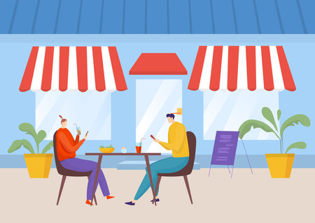 Urban comfortable street cafe, romantic pair character woman and man drink coffee, breakfast time flat vector illustration.のイラスト素材