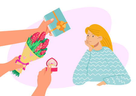 Male hand hold present bouquet flower, jewelry ring and gift for woman character flat vector illustration, isolated on white.のイラスト素材