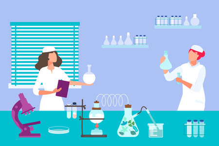 Research associate woman character hold scientific laboratory flask, service lab medical pharmaceutical drug flat vector illustration.のイラスト素材
