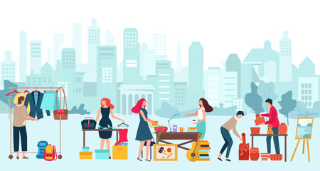 Urbanscape street flea market with clothes, stuff and different trinket, city marketplace flat vector illustration, big town view.のイラスト素材