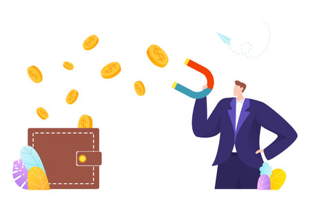 Businessman character hold money magnet, financial debt dollar coin collection from wallet flat vector illustration, isolated on white.のイラスト素材