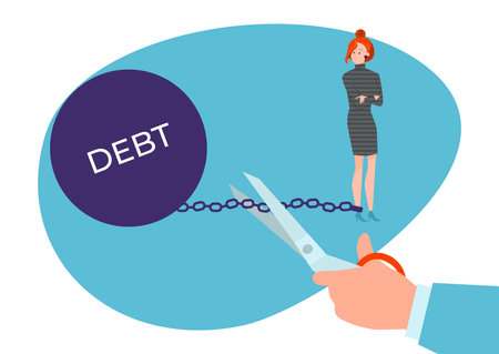 Banking debt burden chain debtor woman character, hand hold scissors help repay money loan flat vector illustration, isolated on white.のイラスト素材