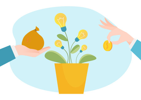 Businessman hand hold cash money bag, investment in start up business idea, company development flat vector illustration, isolated on white.のイラスト素材