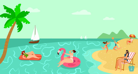 Tropical hot country vacation people character together relax on sand sea beach flat vector illustration, private boat foreign holiday.のイラスト素材