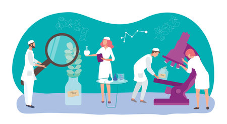 Biology doctor character hold magnified glass, tiny woman scientific worker carry flask flat vector illustration, isolated on white.のイラスト素材