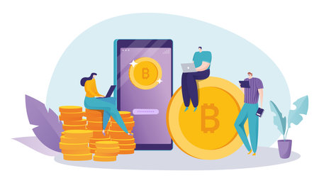 Technology payment cryptocurrency bitcoin financial bank system, online smartphone application flat vector illustration, isolated on white.のイラスト素材