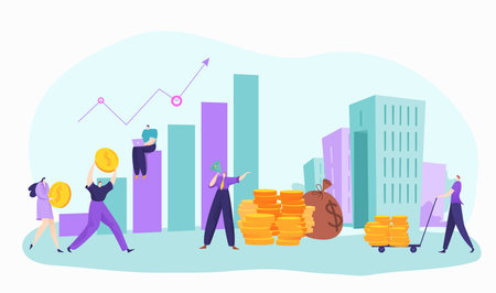 People investor tiny character hold golden money coin, growth investment profit stock index flat vector illustration, isolated on white.のイラスト素材