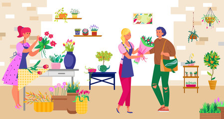 Customer male character purchase bouquet flower, plant shop florist and gardener work flat vector illustration, organic retail store.のイラスト素材