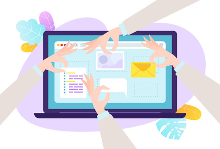 Web design technology concept, vector illustration, flat hand make modern digital website page at screen, creative internet website development.のイラスト素材