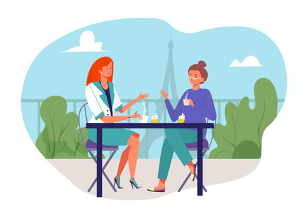 Drink coffee outside, vector illustration, flat woman character sitting at cafe table, restaurant terrace with cityscape, eiffel tower.のイラスト素材