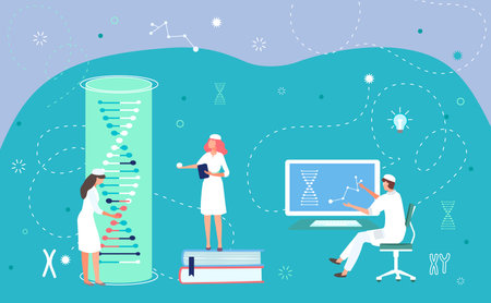 Laboratory for biology science research with dna, vector illustration, flat medical scientist, doctor character use biotechnology for lab experiment.のイラスト素材