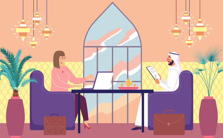 Business meeting at restaurant, vector illustration, flat people worker character drink tea at cafe, woman worker use laptop, arabic man readingのイラスト素材