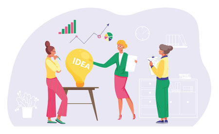 Business idea in teamwork, vector illustration, flat woman team character design new creative innovation, worker use document, graphのイラスト素材