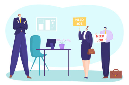 Job rejection at interview, vector illustration, flat people character hold banner with need work sign in office, man refuse at employment.のイラスト素材