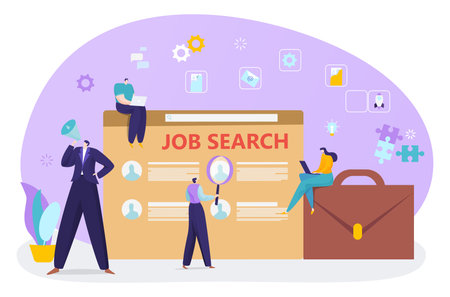 Job search, career recruitment at internet, vector illustration, flat tiny man woman character look for hiring, employment online at web page.のイラスト素材
