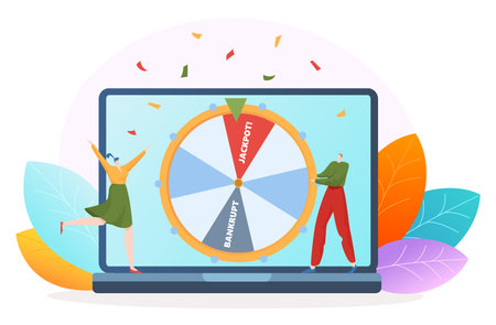 Gambling winner concept, vector illustration, flat tiny woman character win money in online game, man hold lucky wheel at computer screen.のイラスト素材
