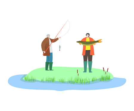 Friend male fisher character catch sea fish, man hold fishing rod and atlantic salmon isolated on white, cartoon vector illustration.のイラスト素材