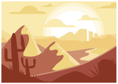 Wilderness landscape sunrise, bring sunset sand dunes, american desert place with wild cactus cartoon vector illustration. Banner postcard.のイラスト素材