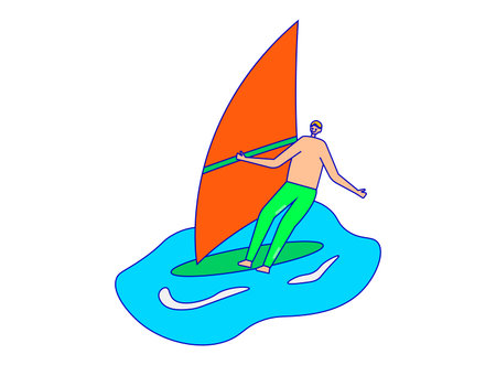 Male training windsurfing on ocean surface water, people exercise sea workout, man vacation line flat vector illustration, isolated on white.のイラスト素材