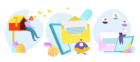 People interacting with large email icons, envelopes, smartphone, laptop. Communicating online, email marketing campaign, digital correspondence vector illustrationのイラスト素材