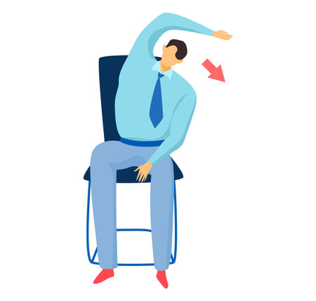 Cartoon man in blue shirt stretching arm, exercising at office. Office worker doing a simple stretch to relax while sitting. Workplace wellness vector illustrationのイラスト素材