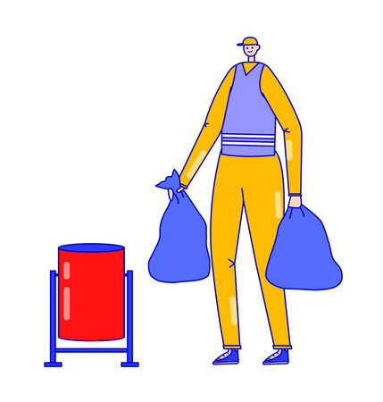 Young male janitor in uniform holding trash bags near bin. Cartoon cleaner employee with garbage, cleaning services vector illustrationのイラスト素材