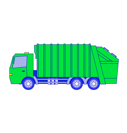 Garbage truck with rubbish, waste in vehicle isolated on white vector illustration. Trash recycle transportation, green container transport.のイラスト素材