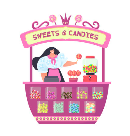 Market candy shop with flat woman seller isolated on white vector illustration. Store with sign, retail business sale cute cartoon candyのイラスト素材