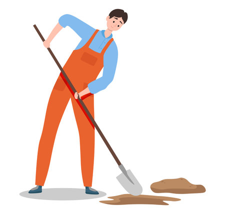 Builder with tool background, isolated on white vector illustration. Person worker at construction, flat man hold shovel equipment.のイラスト素材